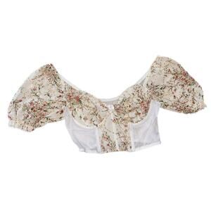 Milumia Womens L Floral Lace Puff Sleeve Sweetheart Neck Bustier Corset Crop Top